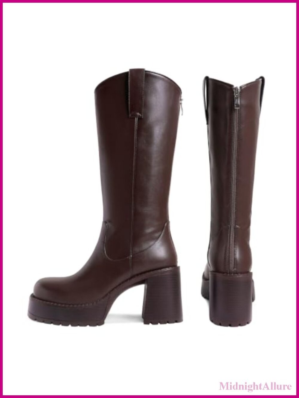 Women's Knee High Western Boots Leather Platform Chunky Heel - Picture 4 of 6